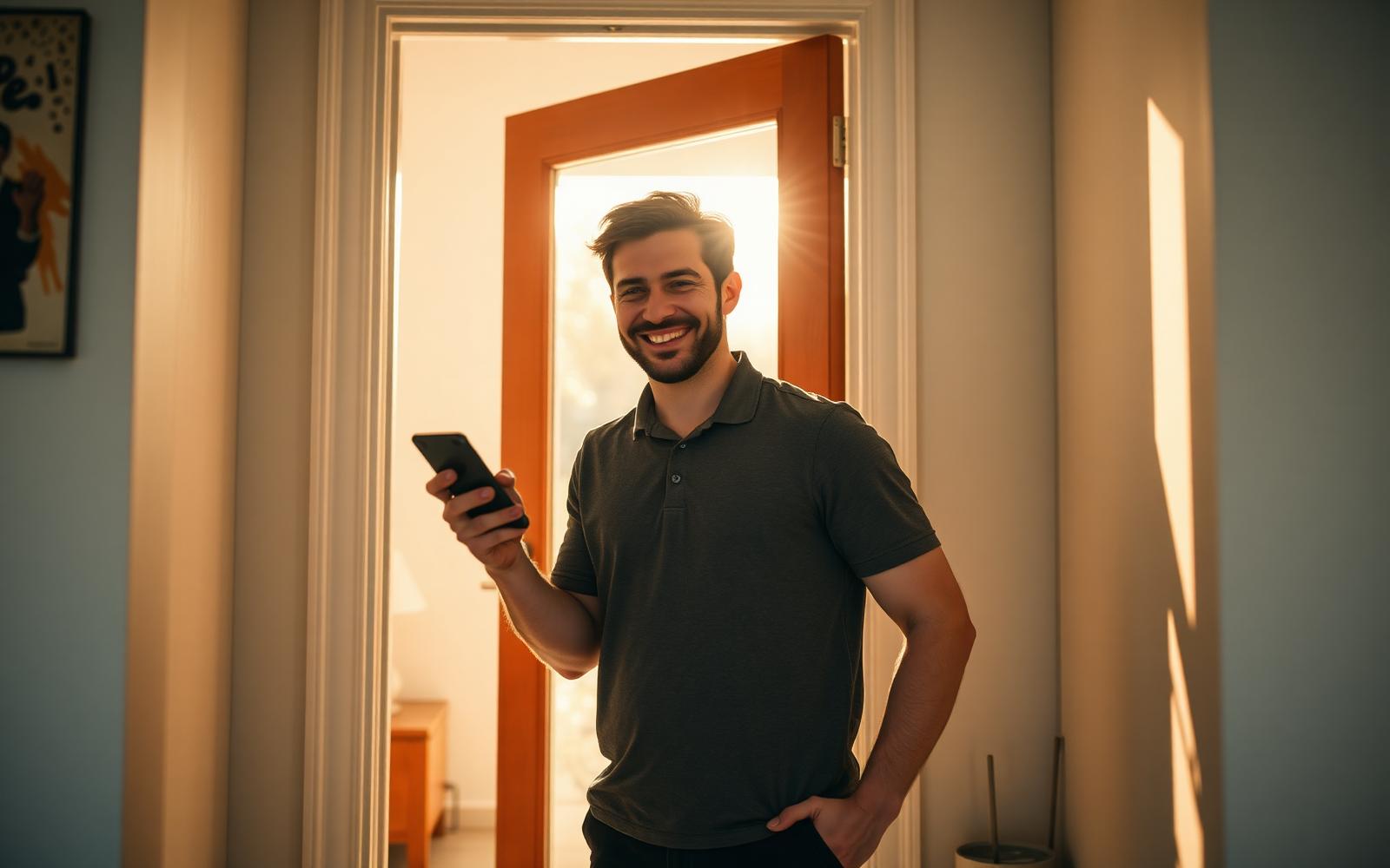 A man at home smiling as he answers a Ping on his phone