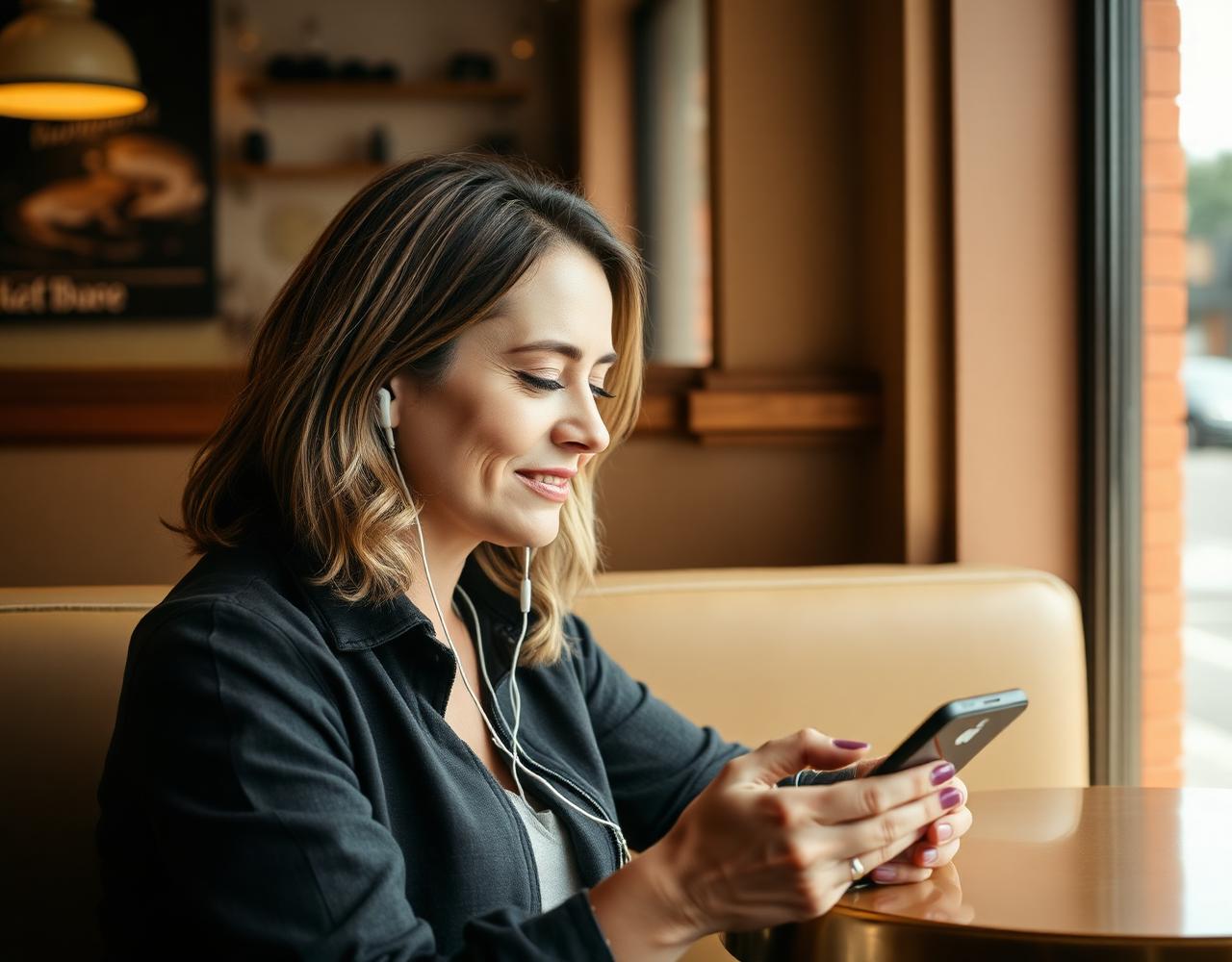A woman listening to a Ping Link voicemail in a cafe